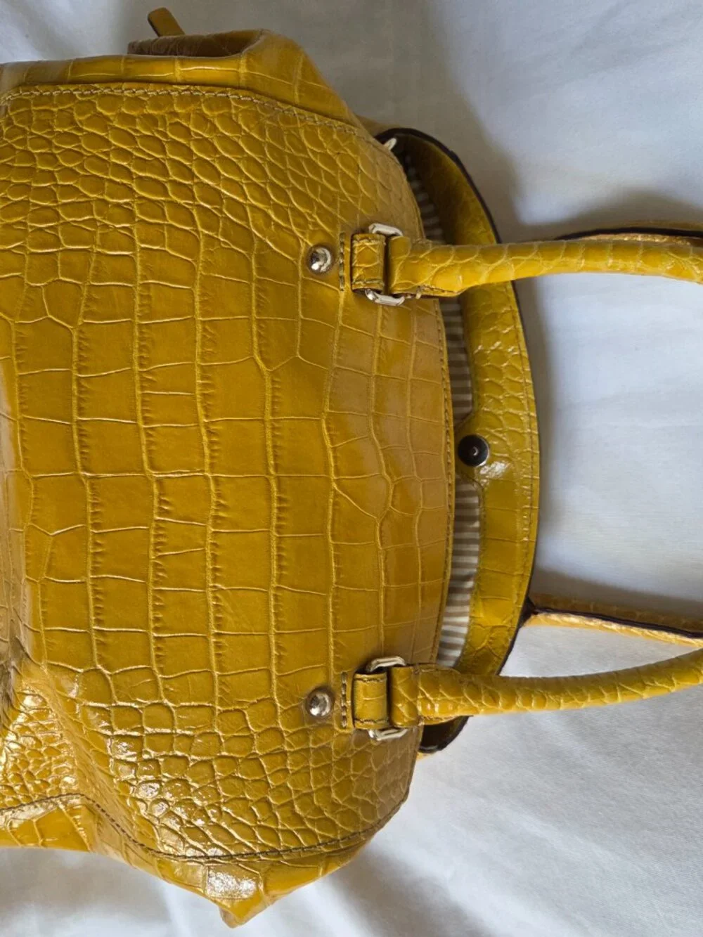 VINTAGE Kate Spade Mustard Yellow Patent Leather Crocodile Embossed Satchel